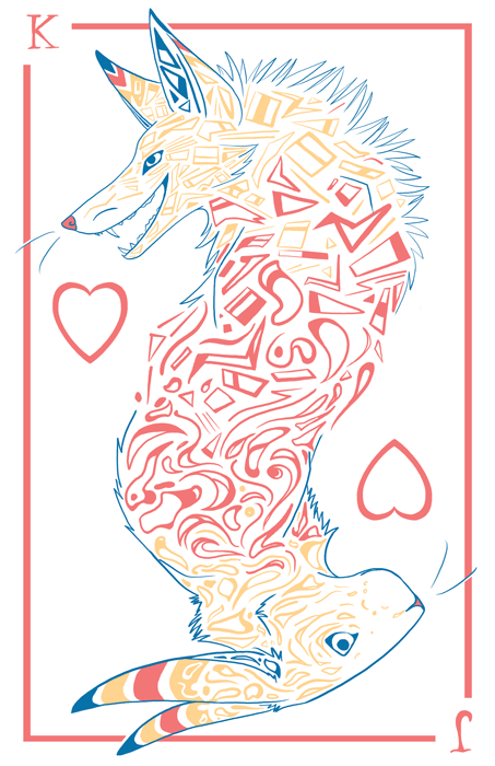 heart face card with a coyote and a rabbit