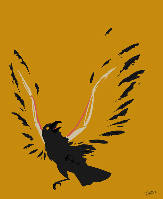 a crow with its feathers falling off its wings